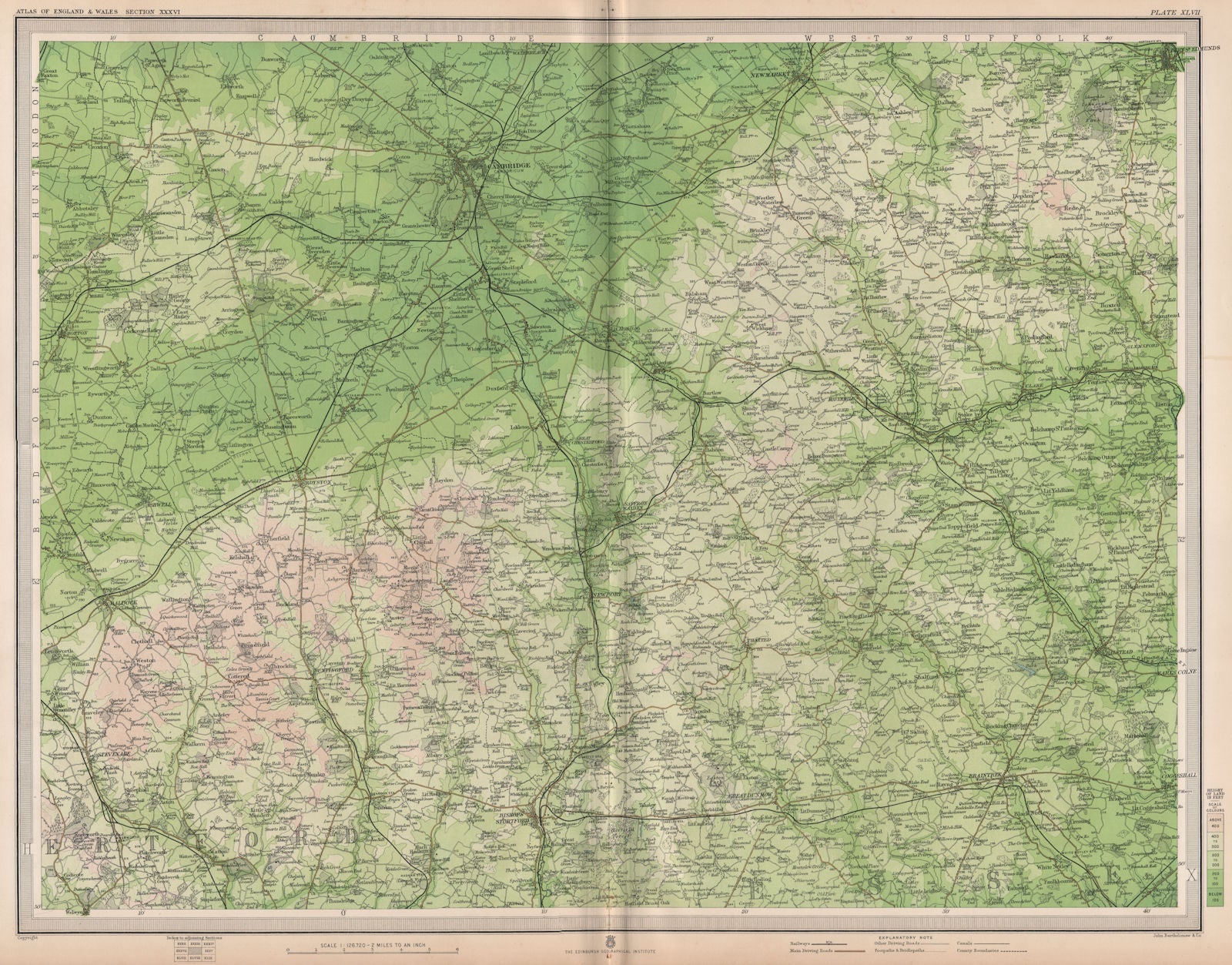 EAST ANGLIA. Cambridge Bury St Edmunds Braintree Saffron Walden. LARGE 1903 map